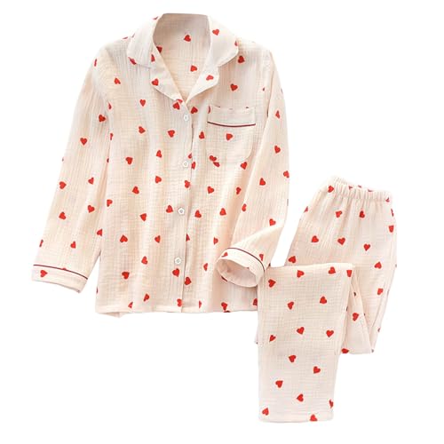 Pyjama-Set mit Herz-Print, Baumwoll-Pyjama-Set, süßes Langarm-Button-Down-Shirt mit Herz-Print und Langer Hose Set von Generic