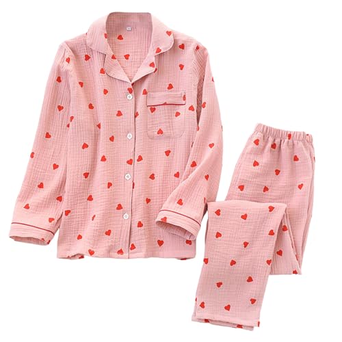 Pyjama-Set mit Herz-Print, Baumwoll-Pyjama-Set, süßes Langarm-Button-Down-Shirt mit Herz-Print und Langer Hose Set von Generic