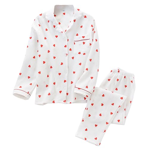 Pyjama-Set mit Herz-Print, Baumwoll-Pyjama-Set, süßes Langarm-Button-Down-Shirt mit Herz-Print und Langer Hose von Generic