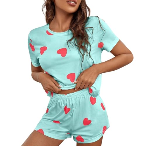 Pyjama 𝐒ommer Pyjama-Set mit süßem T-Shirt und Shorts für Damen mit Herz-Print Kurze Schlafhose Damen (Sky Blue, L) von Generic