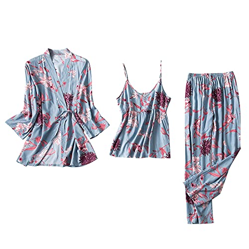 Pyjamahose Damen Lang Set Hausanzug Set 3 Teilig Sommer Pyjamahose 3Er Set Morgenmantel Satin Pyjama Nachthemd Langarm Loungewear Druckte Nachtwäsche Leicht Saunamantel Schlafanzug Pyjamahose Damen Lang Set Hausanzug Set 3 Teilig Sommer Pyjamahose 3Er Set Morgenmantel Satin Pyjama Nachthemd Langarm Loungewear Druckte Nachtwäsche Leicht Saunamantel Schlafanzug von Generic