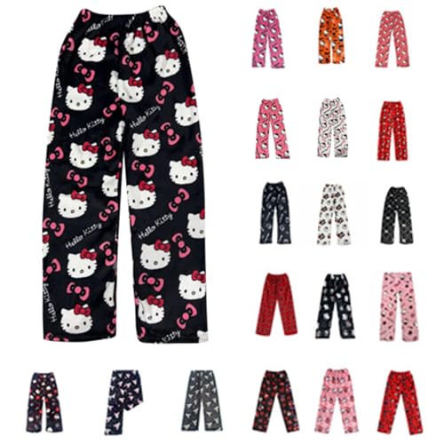 Pyjamahose Damen Schlafanzughose Lang - Pyjama Hose Damen Schlafhose Flanell Schlafanzug Hosen Anime Cartoon Kuschelhose Flauschig Bequeme Schlafanzughosen Schlaf Pants Herbst Winter Schwarz Weiß von Generic