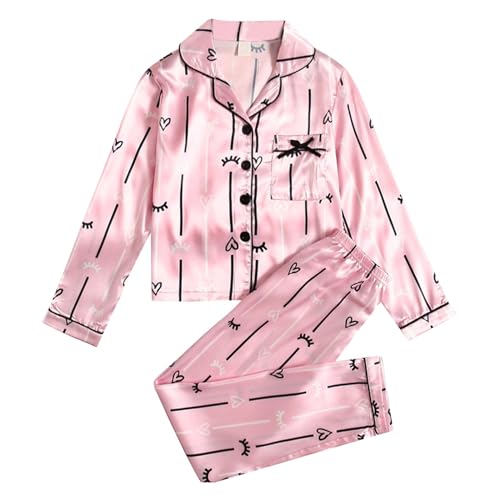 Pyjamas für Mädchen Liebe Streifendruck Kinder Schlafanzüge langärmelig Button-Down-Pyjama Oberteil + Hose Hose 2-Stücke Nachtwäsche -Geschenke für Mädchen Jungen-Schlafanzüge für 8-12 Jahre von Generic