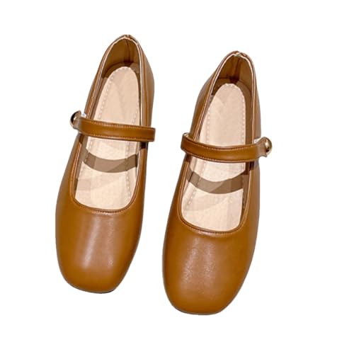 Quadratisch Flach 𝐌ary Jane Shoes Dünne Fussbett 𝗟eder Elegantes Verstellbarer Ballettschuhe Riemen Weichbettung Gepolsterte Damenschuhe Schlicht Festlich Leicht Mokassins (Brown, 37) von Generic