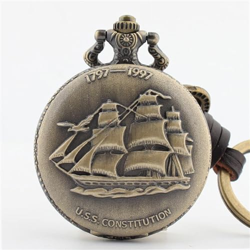 Quarz-Taschenuhren für Herren, Vintage, klassisches Segelboot, großer Schlüsselanhänger aus PU-Leder mit Kette, Geschenke für den Vatertag von Generic