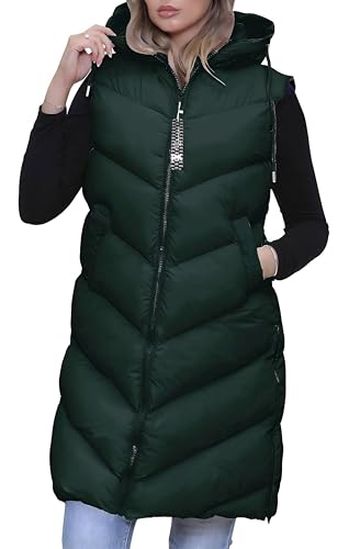 RMK Longweste Damen Steppweste Lang Weste Mantel Ärmellos Jacke Outdoor Warm Winter mit Kapuze We.801 Grün (34) XS von Generic