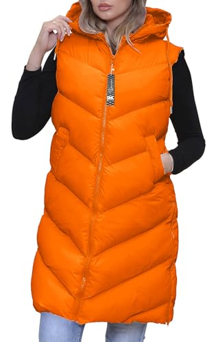 RMK Longweste Damen Steppweste Lang Weste Mantel Ärmellos Jacke Outdoor Warm Winter mit Kapuze We.801 Orange (42) XL von Generic