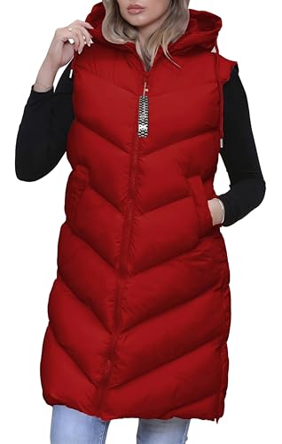 RMK Longweste Damen Steppweste Lang Weste Mantel Ärmellos Jacke Outdoor Warm Winter mit Kapuze We.801 Rot (34) XS von Generic
