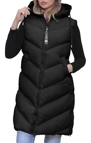 RMK Longweste Damen Steppweste Lang Weste Mantel Ärmellos Jacke Outdoor Warm Winter mit Kapuze We.801 Schwarz (34) XS von RMK