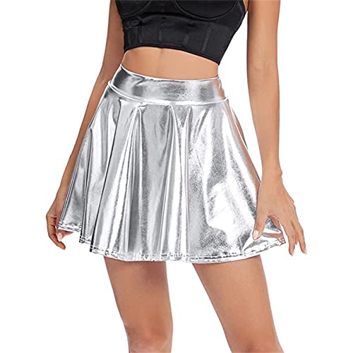 Rave Rock Metallic Glänzend Röcke Nachtklub Party Faltenrock Mini Rock Skater Barbieer Kleidung Damen Pleated Rock Cosplay Kostüm Wetlook für 80er Festival Karneval Halloween (Silver, M) von Generic