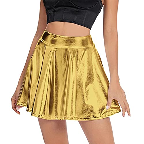 Rave Rock Metallic Glänzend Röcke Nachtklub Party Faltenrock Mini Rock Skater Barbieer Kleidung Damen Pleated Rock Cosplay Kostüm Wetlook für 80er Festival Karneval Halloween Faschingkostüm (Gold, M) von Generic