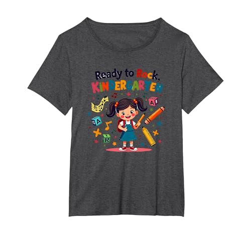 Ready to Rock Kindergarten First Day Girl Rucksack Bleistift T-Shirt, Damen Große Größen, Anthrazit Meliert, 1X von Generic