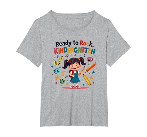 Ready to Rock Kindergarten First Day Girl Rucksack Bleistift T-Shirt, Damen Große Größen, Grau Meliert, 5X von Generic