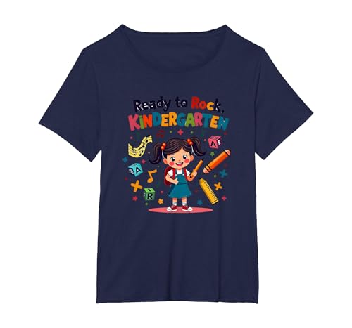 Ready to Rock Kindergarten First Day Girl Rucksack Bleistift T-Shirt, Damen Große Größen, Marineblau, 2X von Generic