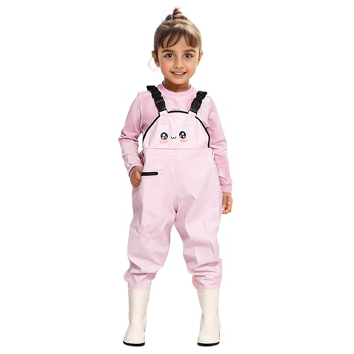 Regenhose mit Füßen Kinder Junge Mädchen Wathose Mit Gummi Stiefel Regenhosen Regenstiefel 2 in 1 wasserdichte Atmungsaktive Anglerhose Watthose Watstiefel für Kinder 4-15 Jahre (Pink, 6-7 Years) von Generic