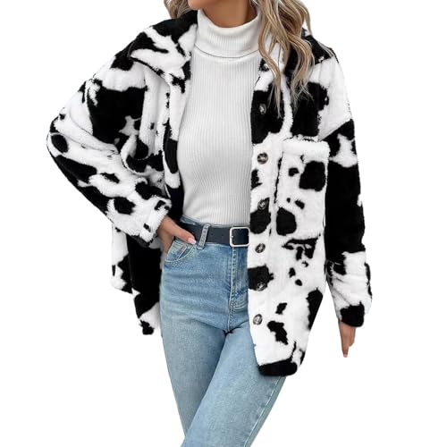 Regenjacke Damen Damen Casual Faux Jacke Trendy Langarm Button Up Kuh Print Winter Lose Mäntel Mit Taschen Dünne Jacke Sweatjacke Damen Damen Laufjacke Dünn (White, XL) von Generic