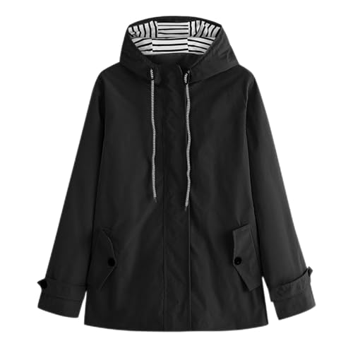 Generic Regenjacke Damen Einfarbig Wasserdichte Softshelljacke Gefüttert mit Gestreift Stanzjacke Atmungsaktive Übergangsjacke Frühling Herbst Leichte Kapuzenjacke Reißverschluss Outdoorjacke von Generic