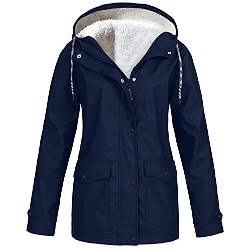 Regenjacke Damen Faltbar Strickfleecejacke Winterjacke Warm Jacken Übergangsjacken Softshell Teddy Fleecejacke Fahrradjacke Wasserdicht Atmungsaktiv Outdoorjacke Kapuzenjacke Marine 3XL von Generic