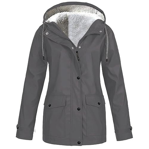 Regenjacke Damen Teddyfell Gefüttert Wasserdicht Atmungsaktiv Regenmantel mit Kapuze Übergangsjacke Leichte Winter Softshelljacke Windbreaker Outdoorjacke Fleece Jacke Mäntel Große Größen von Generic