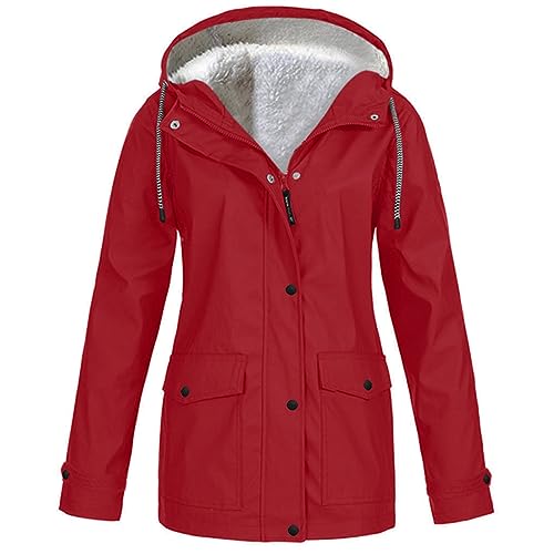 Regenjacke Damen Teddyfell Gefüttert Wasserdicht Atmungsaktiv Regenmantel mit Kapuze Übergangsjacke Leichte Winter Softshelljacke Windbreaker Outdoorjacke Fleece Jacke Mäntel Große Größen von Generic