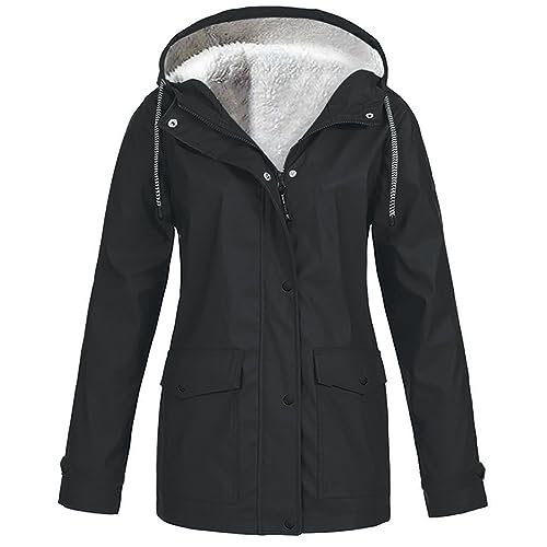 Regenjacke Damen Teddyfell Gefüttert Wasserdicht Atmungsaktiv Regenmantel mit Kapuze Übergangsjacke Leichte Winter Softshelljacke Windbreaker Outdoorjacke Fleece Jacke Mäntel Große Größen von Generic