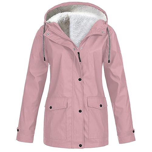Regenjacke Damen Wasserdicht, Regenmantel Damen Gefüttert Warm,Winterjacke Damen mit Teddyfell Kapuze Outdoor Jacke Mantel Dicke Plüsch Wintermantel Softshelljacke Windjacke Regenmantel von Generic
