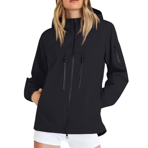 Regenjacke Damen Wasserdicht Atmungsaktiv Outdoor Jacke Regenmantel Gefütterte Windbreaker Übergangsjacke Reißverschluss Wandern Softshelljacke,Schwarz,S von Generic