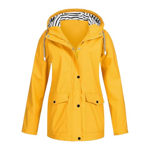 Regenjacke Damen Wasserdicht Atmungsaktiv Regenmantel Gefüttert Softshelljacke Dünne Windbreaker Faltbar Leicht Jacke mit Kapuze Outdoor Übergangsjacke Große Größen (A-Yellow, XL) von Generic