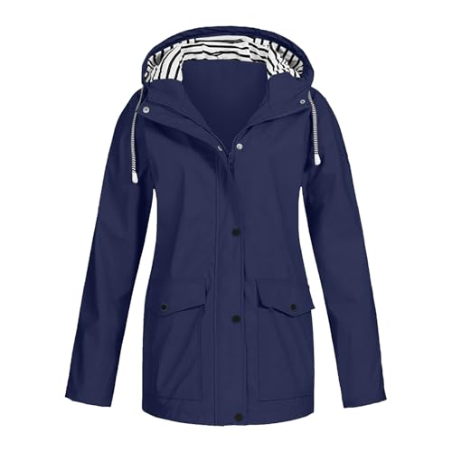 Regenjacke Damen Wasserdicht Atmungsaktiv Regenmantel Gefüttert Softshelljacke Dünne Windbreaker Faltbar Leicht Jacke mit Kapuze Outdoor Übergangsjacke Große Größen (Dark Blue, L) von Generic