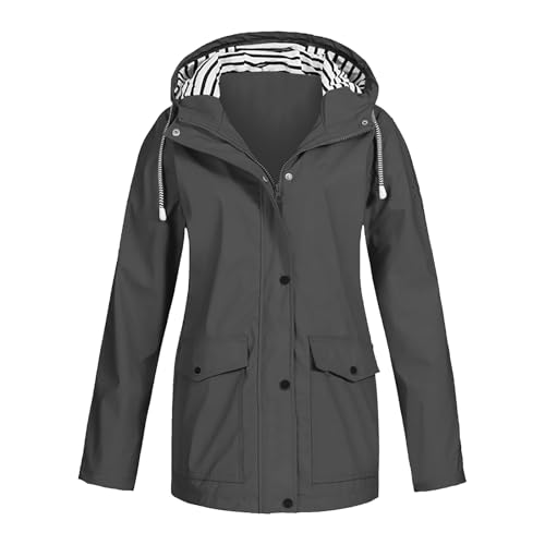 Regenjacke Damen Wasserdicht Atmungsaktiv Regenmantel Gefüttert Softshelljacke Dünne Windbreaker Faltbar Leicht Jacke mit Kapuze Outdoor Übergangsjacke Große Größen (Grey, M) von Generic