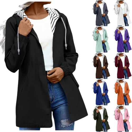 Regenjacke Damen Wasserdicht Atmungsaktiv Regenmantel Leichte Windbreaker Outdoorjacke Dünne Regenjacken Übergangsjacke Windjacke Fahrradjacke mit Kapuze Und Kordelzug von Generic