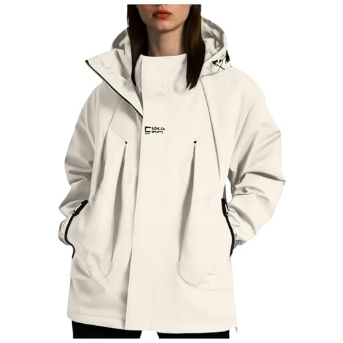 Regenjacke Damen Wasserdicht Atmungsaktiv Softshelljacke Leicht Windjacke Dünn Windbreaker Jacke Damen übergangsjacke Fahrrad Wanderjacke Outdoor Funktionsjacke mit Kapuze (01-Khaki, XXXXL) von Generic