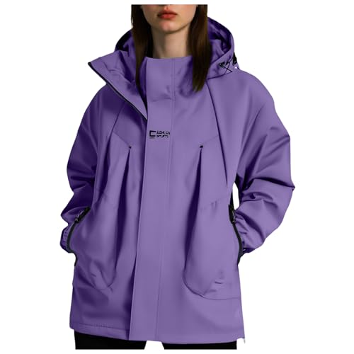 Regenjacke Damen Wasserdicht Atmungsaktiv Softshelljacke Leicht Windjacke Dünn Windbreaker Jacke Damen übergangsjacke Fahrrad Wanderjacke Outdoor Funktionsjacke mit Kapuze (01-Purple, L) von Generic