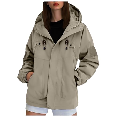 Regenjacke Damen Wasserdicht Atmungsaktiv Softshelljacke Leicht Windjacke Dünn Windbreaker Jacke Damen übergangsjacke Fahrrad Wanderjacke Outdoor Funktionsjacke mit Kapuze (02-Khaki, M) von Generic