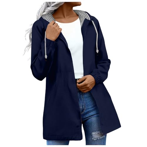 Regenjacke Damen Wasserdicht Atmungsaktiv Softshelljacke Leichte Windbreaker Jacke Dünne Übergangsjacke Einfarbig Regenmantel mit Kapuze Outdoor Regenjacken Große Größen (01-Dark Blue, XL) von Generic