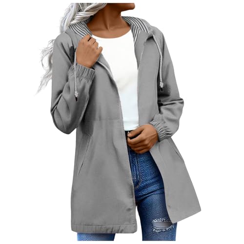 Regenjacke Damen Wasserdicht Atmungsaktiv Softshelljacke Leichte Windbreaker Jacke Dünne Übergangsjacke Einfarbig Regenmantel mit Kapuze Outdoor Regenjacken Große Größen (01-Grey, XL) von Generic