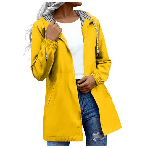 Regenjacke Damen Wasserdicht Atmungsaktiv Softshelljacke Leichte Windbreaker Jacke Dünne Übergangsjacke Einfarbig Regenmantel mit Kapuze Outdoor Regenjacken Große Größen (01-Yellow, L) von Generic