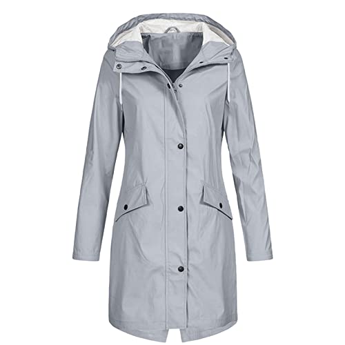 Regenjacke Damen Wasserdicht Atmungsaktiv Softshelljacke Regenmantel Damen Leichte Sommerjacke Große Größen Übergangsjacke mit Kapuze Gefüttert Funktionsjacke Lange Einfarbig Trenchcoat,grau,M von Generic