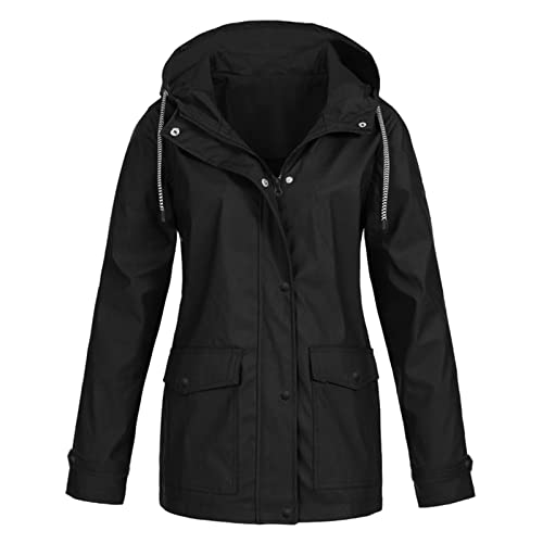 Regenjacke Damen Wasserdicht Atmungsaktiv Übergangsjacke Leichte Regenmantel Lange Regenponcho Winddichte Winterjacke Fahrrad Funktionsjacke Casual Locker Kapuzenjacke Outdoorjacke,Schwarz,M von Generic
