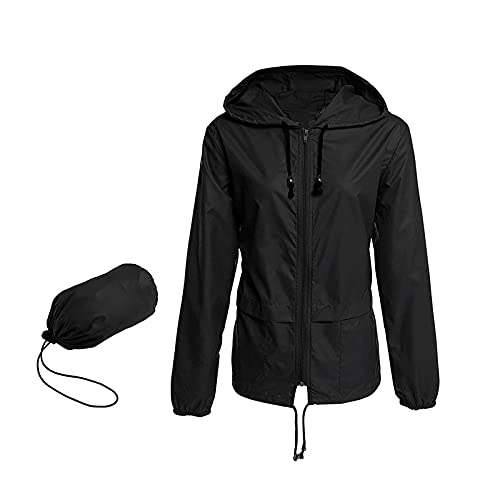 Regenjacke Damen Wasserdicht Atmungsaktiv mit Kapuze Faltbar Leicht Jacke Winddicht Regenmantel Grosse Grössen Windbreaker Kapuzenpullover Übergangsjacke für Wandern Radfahren Camping (Black, M) von Generic