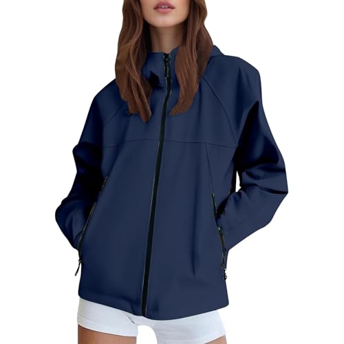Regenjacke Damen Wasserdicht Faltbar Regenponcho Einfarbig Leicht Softshelljacke Mode Lange Windbreaker mit Kapuze Sport Outdoorjacke 2025 Herbst Übergangsjacke für Damen von Generic