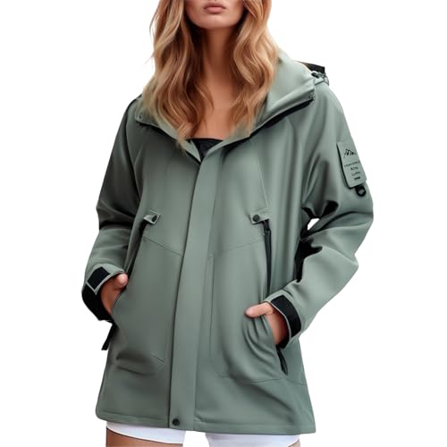 Regenjacke Damen Wasserdicht Lange Regenmantel Leicht Atmungsaktiv Jacke Faltbar Dünne Softshelljacke Damen Windbreaker Übergangsjacke Reißverschluss Outdoorjacke mit Kapuze von Generic