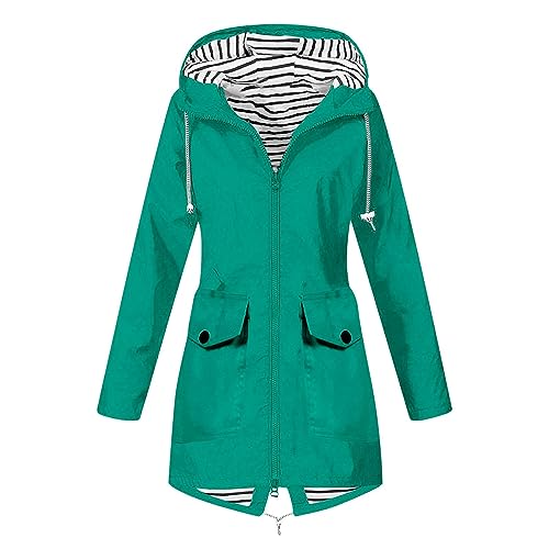 Regenjacke Damen Wasserdicht Softshelljacke Lang Einfarbig Gefüttert mit Gestreift Stanzjacke Atmungsaktive Übergangsjacke Frühling Herbst Leichte Kapuzenjacke Reißverschluss Outdoorjacke von Generic