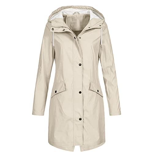 Regenjacke Damen Wasserdicht Winddichter Atmungsaktiv Regenmantel Regenparka mit Kapuze Leichte Dünne Windbreaker Übergangsjacke Große Größen Fahrrad Windjacke Trenchcoat Wandern Sommerjack,Beige,S von Generic