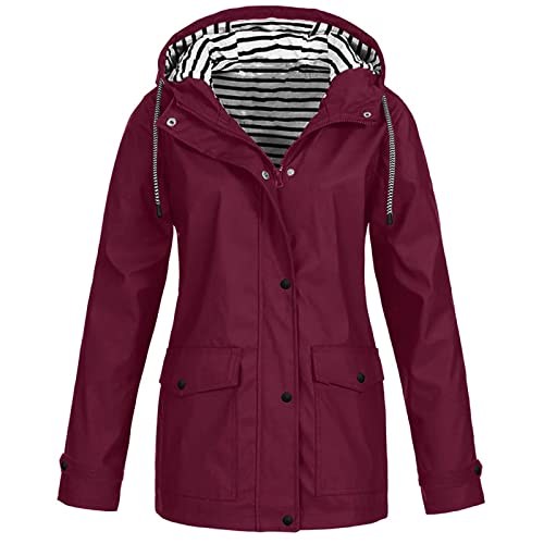 Regenjacke Damen Wasserdicht Winddichter Atmungsaktiv Regenmantel Regenparka mit Kapuze Leichte Dünne Windbreaker Übergangsjacke Große Größen Fahrrad Windjacke Trenchcoat Wandern Sommerjack,Rot,M von Generic