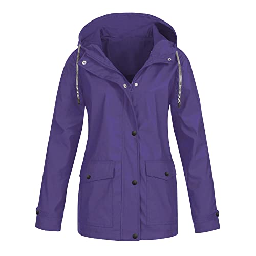 Regenjacke Damen Wasserdicht Winddichter Atmungsaktiv Regenmantel Regenparka mit Kapuze Leichte Dünne Windbreaker Übergangsjacke Große Größen Fahrrad Windjacke Trenchcoat Wandern Sommerjack,Violett,M von Generic