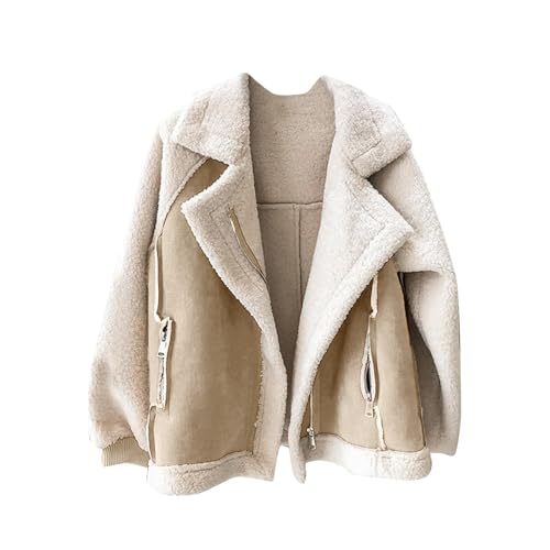 Regenjacke Damen Winter Coats For Women 2024 Casual Fleece Jacket Soft Warm Short Lambswool Biker Jacket Jackets With Pockets Warm Jacket Women Damen Herbst Jacke Elegant (Beige, S) von Generic