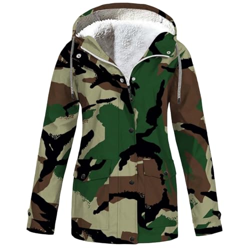 Regenjacke Damen wasserdichte Übergangsjacke Atmungsaktive Softshelljacke Camouflage Windbreaker Regenmantel Fahrrad Regenponcho Wandern Regencape Plüsch-Regenjacke für Damen(S-5XL) (Camouflage, XXL) von Generic