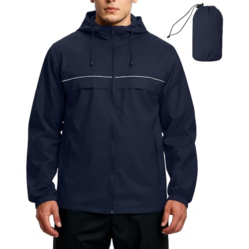 Regenjacke Herren Wasserdicht mit Kapuze - Fahrrad Regenbekleidung Atmungsaktiv Ultraleichte Dünne Packbar Softshelljacke Windbreaker übergangsjacke Herbst zum Wandern Camping, Bleu foncé, XXL von Generic