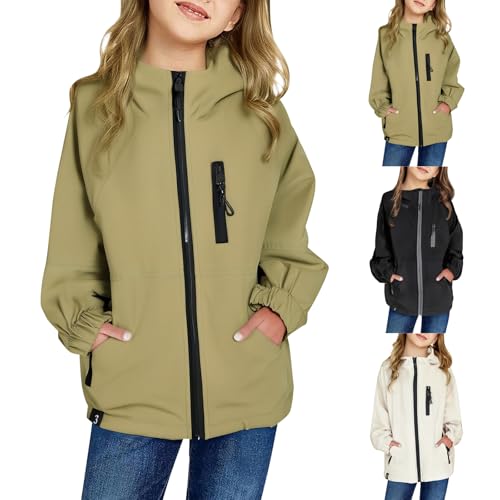Regenjacke Jungen Mädchen Gefütterte Softshelljacke Winddicht Wasserdicht Regenponcho Regenmantel mit Kapuzen Reißverschluss Windjacke Übergangsjack für Kinder Unisex (Beige, 9-10 Years) von Generic